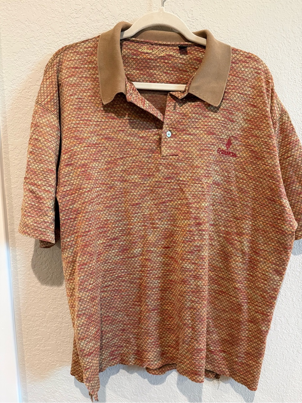 Vintage Ben Hogan Earth Tone Geometric Textured Knit Golf Polo Shirt XL
